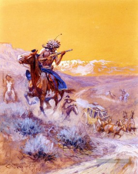  Charles Peintre - Attaque indienne Art occidental Amérindien Charles Marion Russell